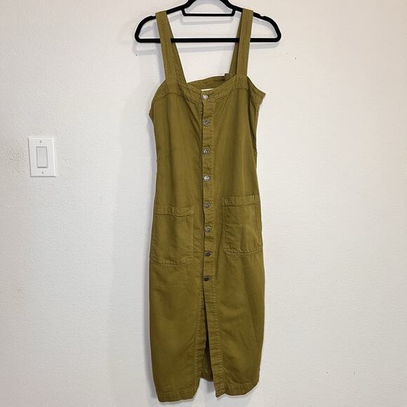 Etica Luisa Dress Size S Olive Green Denim Midi Button Front Straps NO TIE BELT - Picture 2 of 13